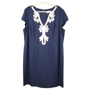 Eliza J Navy Blue White Soutache Lace Neck Dress Womens Size 20W Cap Sleeves